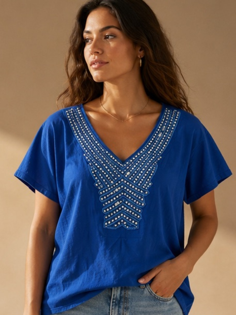 Denim 24/7 Royal Blue Sequin Embellished V Neck Top Medium